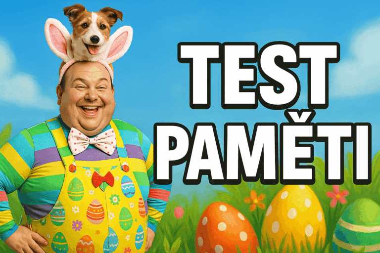 nápis test paměti a muž který má na hlavě psa a velikonoční oblečení
